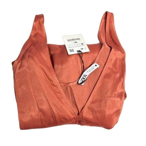 Zara Dusty Pink Satin Plunge V-Neck A-Line Dress Wide Straps Rounded Back - Picture 8 of 8